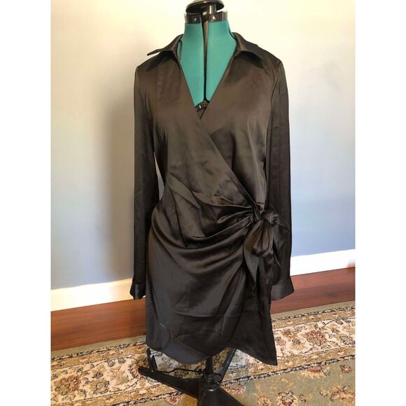 House of Harlow 1960 Black Satin Rare Revolve Wrap Long Sleeve Dress, size M - Picture 2 of 6